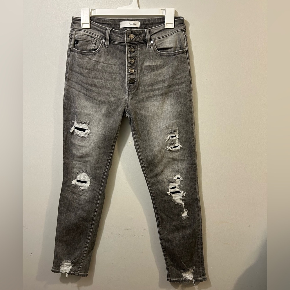 KanCan Distressed Gray Button-Fly Straight Leg Jeans
